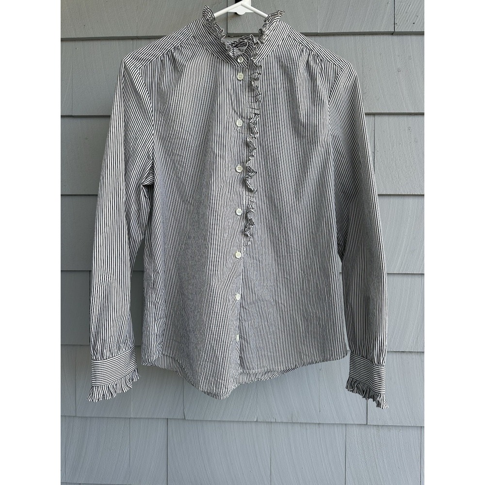 FRAME Ruffle Stripe Button-Up‎ Shirt S Noir Multi Cotton Poplin Blouse